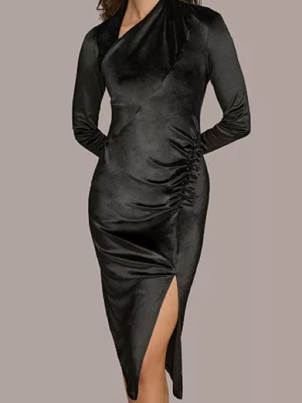 Donna Karan Black Long-Sleeve Velvet Ruched Midi Dress with Side Slit Size 24W